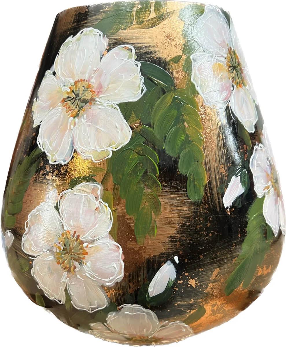 Handgeschilderde bloemenvaas brons witte bloem