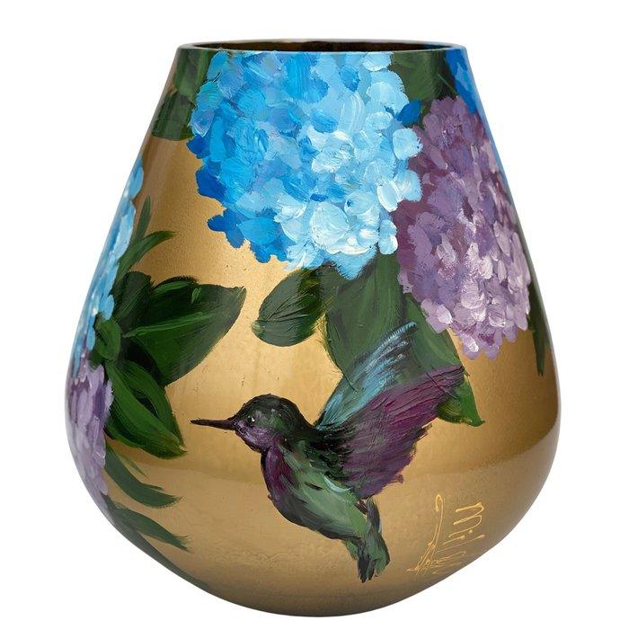 Handgeschilderde bloemenvaas met vogel