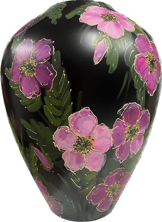Handgeschilderde bloemenvaas rozenbottel zwart