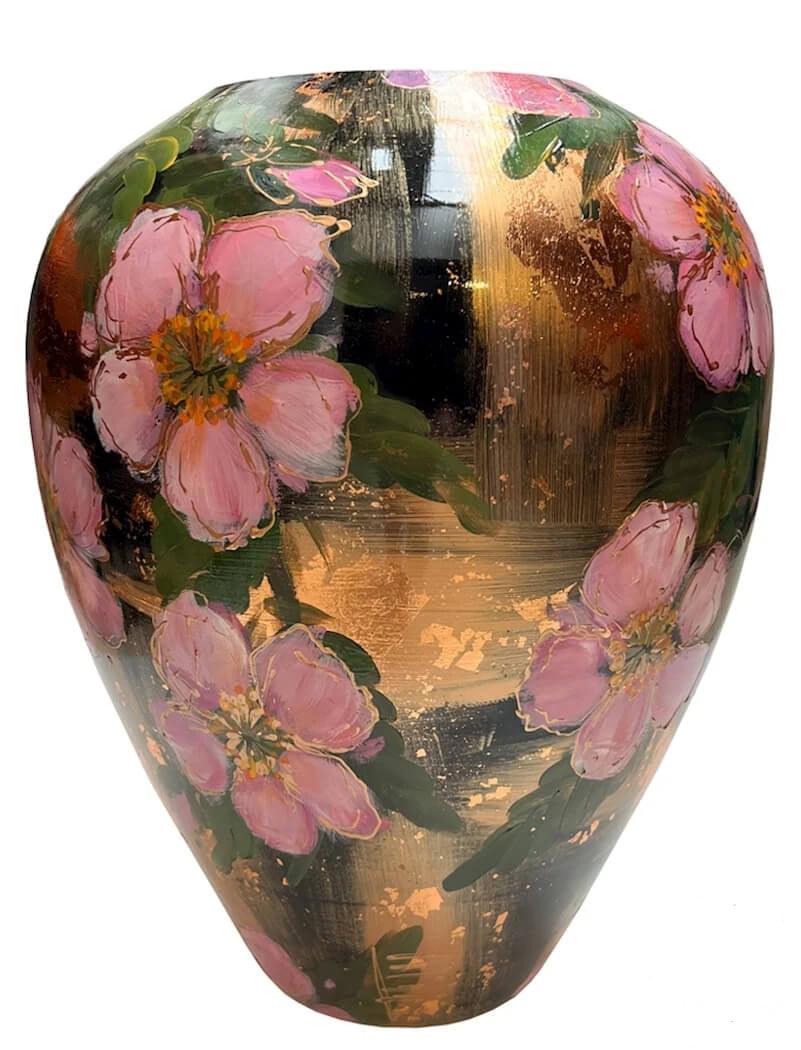 Handgeschilderde bloemenvaas rozenbottel brons