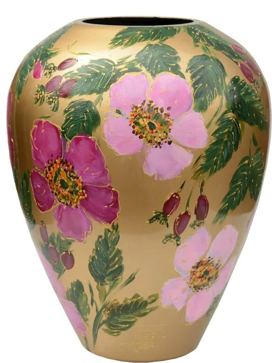 Handgeschilderde bloemenvaas rozenbottel goud
