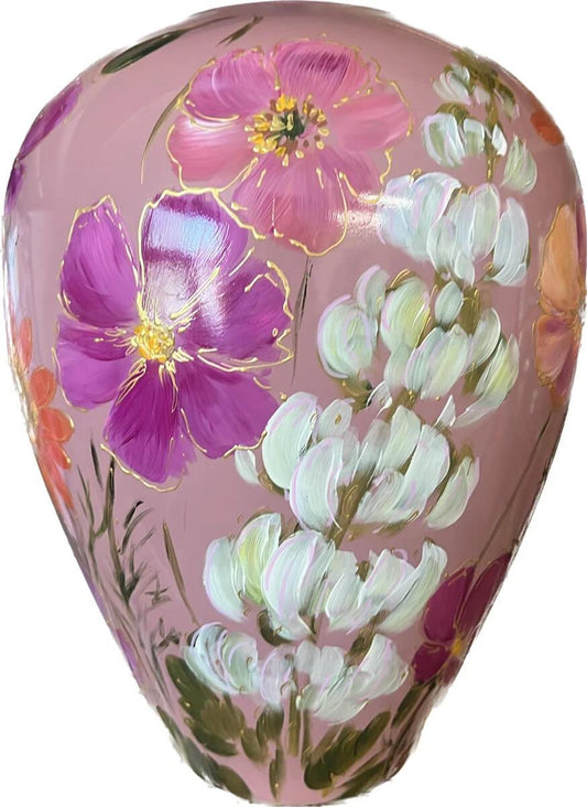 Handgeschilderde bloemenvaas bloemenmix roze