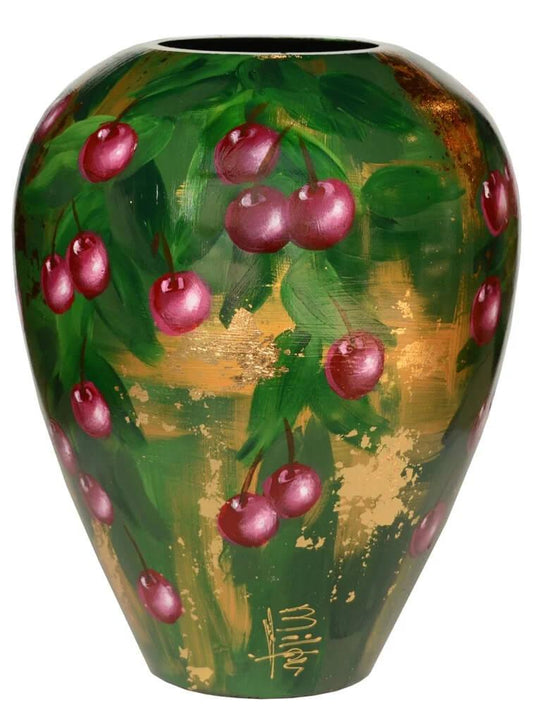 Handgeschilderde bloemenvaas kersen