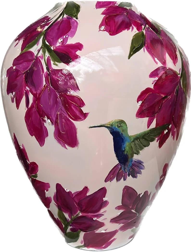 Handgeschilderde bloemenvaas kolibrie roze