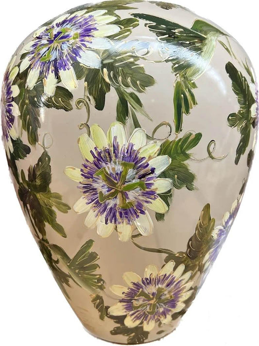 Handgeschilderde bloemenvaas passiflora beige