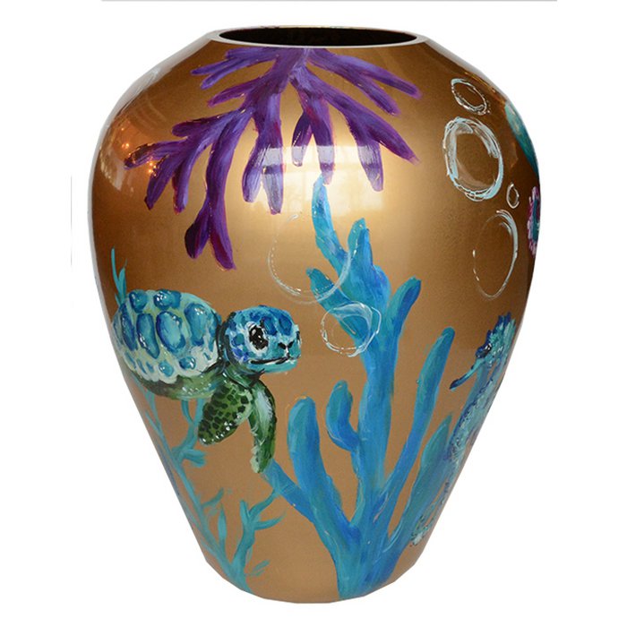 handbeschilderde grote gouden vaas met schildpad en koraal