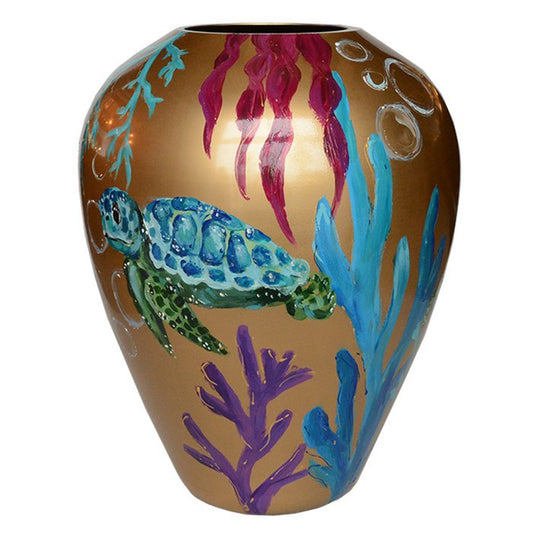 handbeschilderde grote gouden vaas met schildpad