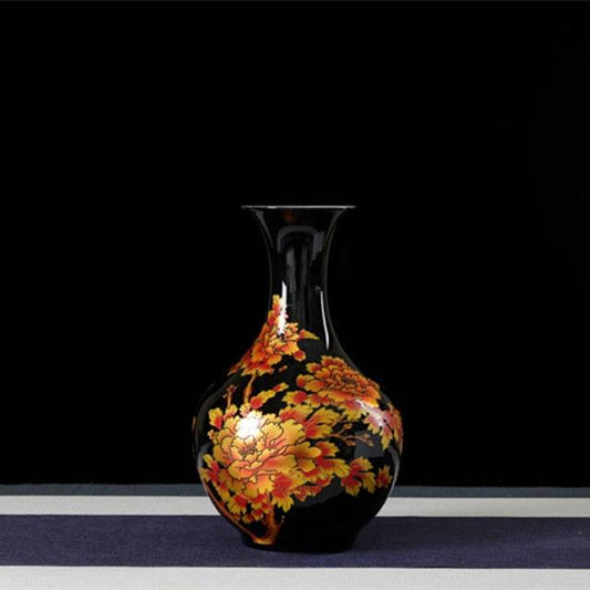 luxe bloemenvaas donker met gele tekening