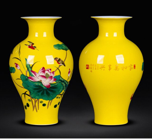 Chinese-bloemenvaas-geel-met-tekening